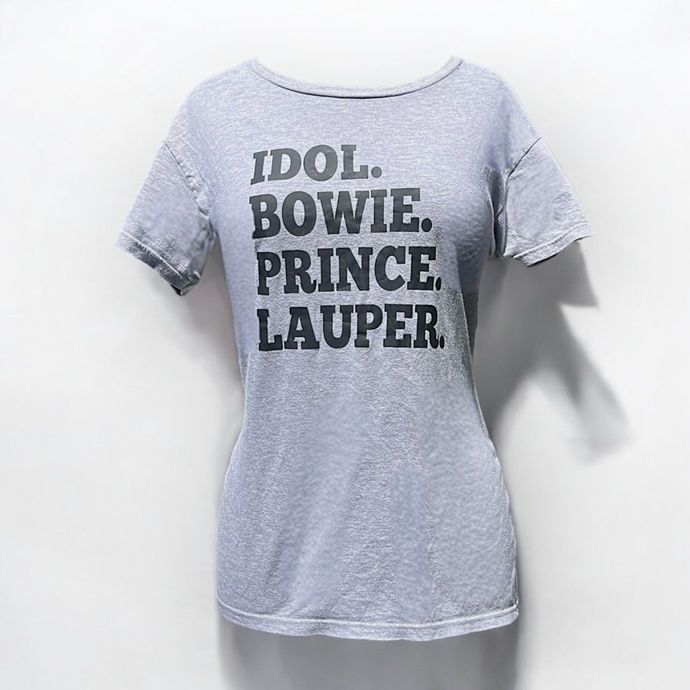 80’s Music Icons Women’s Gray Fitted Scoop Neck Graphic T-Shirt | Size